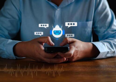 AI Chatbot intelligent digital business service application concept, computer mobile application uses artificial intelligence chatbots automatically respond online messages to help customers instantly photo