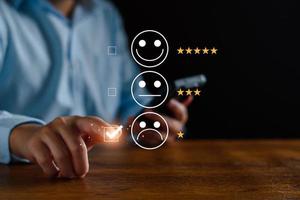 Bad service concept. Customer rating low satisfaction, unhappy customer, poor service, dissatisfied product, substandard product, negative face icon. Online satisfaction survey via virtual screen. photo