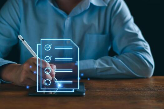 Businessman working with tablet. Checking mark up on the check boxes. Successful completion of business tasks. Digital marketing of statistics level up of graph. Business management goal strategy. photo