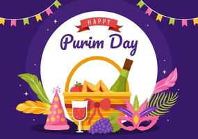 feliz ilustración de purim con máscaras de carnaval, festividad judía y parque de atracciones en dibujos animados planos dibujados a mano para banner web o plantillas de página de inicio vector