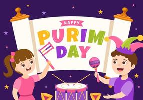 feliz ilustración de purim con máscaras de carnaval, festividad judía y parque de atracciones en dibujos animados de niños planos dibujados a mano para banner web o plantillas de página de inicio vector