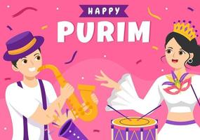 feliz ilustración de purim con máscaras de carnaval, festividad judía y parque de atracciones en dibujos animados planos dibujados a mano para banner web o plantillas de página de inicio vector