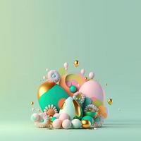 Easter Celebration Greeting Card with Copy Space In Shiny 3D Eggs and Flower Ornaments photo