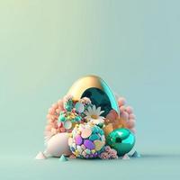 Happy Easter Festive Background with Glosy 3D Eggs and Flowers photo