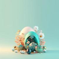 Easter Illustration Background with Copy Space In Shiny 3D Eggs and Flower Ornaments photo