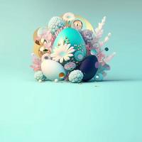 Easter Celebration Background with Copy Space In Shiny 3D Eggs and Flower Ornaments photo