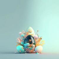 Happy Easter Illustration Greeting Card with Shiny 3D Eggs and Flower Ornaments photo