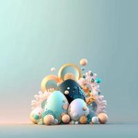 Colorful Easter Celebration Background with Glosy 3D Eggs and Flowers photo