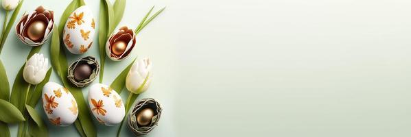 Decorated Tulips and Eggs with Copy Space for Easter Banner photo