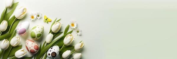 Decorated Tulips and Eggs with Empty Space for Easter Celebration Banner photo