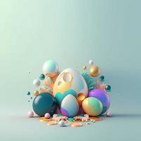 Easter Festive Background with Shiny 3D Eggs and Flowers photo