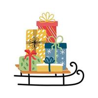 trineo de navidad con cajas de regalo. vector