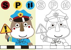 vector cartoon of cute rhinoceros in traffic cop uniform with road sign, coloring book or page