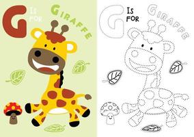 vector cartoon of giraffe with smiling mushrooms and leaves, coloring book or page