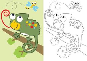 vector cartoon of chameleon on tree branches try to catch a dragonfly, coloring book or page