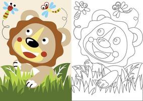 vector cartoon of lion playing with dragonfly, coloring book or page