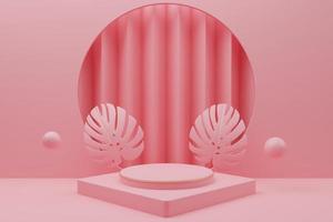 abstract geometric shape podium for product display with monstera leaf on pink background 3d rendering photo