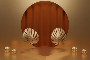 abstract geometric shape podium for product display with monstera leaf on Gold background 3d rendering photo