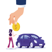 Big hand of agent hold coin to buy car from woman-Car rental or sale concept png