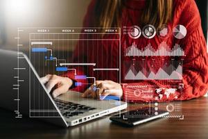 Businessman hand Project manager working and update tasks and Gantt chart scheduling virtual diagram.with smart phone, tablet and laptop in office. photo