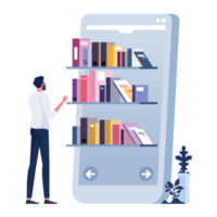 Online-Lesegeschäftsmann, der Bücher aus dem Bücherregal auf dem Smartphone-Bildschirm nimmt. mobiles bibliothekskonzept png