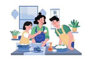 Kids Help Parents Cook For New Year's Dinner. vector