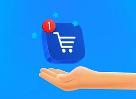 Buyer concept. Hand with shopping app button. 3d vector mobile application icon with notification