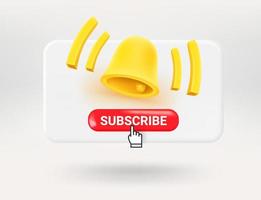 Pop up window with red button and yellow remainder bell. Subscribe concept. 3d vector illustration