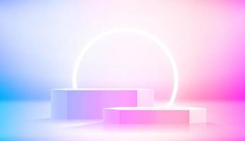 Vivid room with podium and circle neon lamp. Realistic showcase for advertisement. 3d style vector illustration