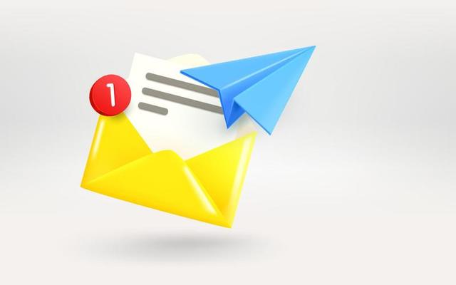 Yellow envolope and blue plane. Sending or receiving a new message concept. 3d vector illustration