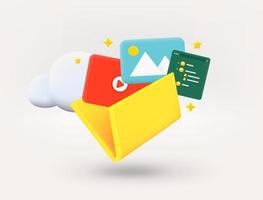 Yellow folder with galley, video and charts. New message concept. 3d vector illustration