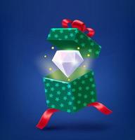 Open gift box with shining gem crystal. 3d vector illustration