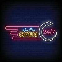 Neon Sign we are open with brick wall background vector