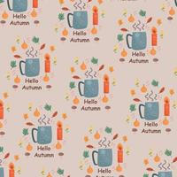 Pattern of cups with hot drinks with autumn elements. Decoration element. Vector illustration.