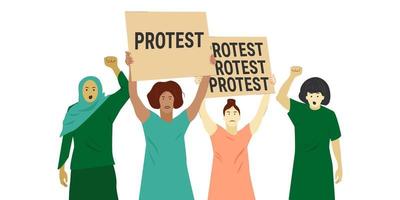 Group protesting multicultural women with a poster. Isolated vector illustration. Colorful illustration isolated on white. Flat style.