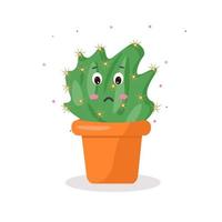 The character is a kawaii cactus in a pot with emotions sad. Vector flat illustration.