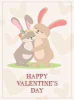 Loving couple hugging cute hares or rabbits. Vector cartoon greeting card for valentines day.