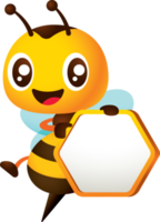 Cartoon cute smiling honey bee pointing finger on empty honeycomb shaped signboard character illustration png