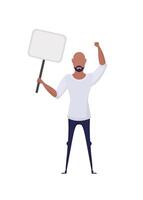 A boy with an empty banner in his hands. With space for your text. Rally or protest concept. Cartoon style. vector