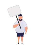 Man with blank banner isolated on white background. Pop art cartoon style. Vector