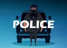 A policeman in a bulletproof vest and a mask in front of a car. Square banner. Vector illustration.