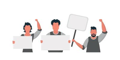 A group of men are holding an empty banner in their hands. With space for your text. Rally or protest concept. Vector illustration.