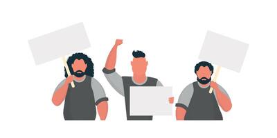 A group of men with an empty banner in their hands. With space for your text. Rally or protest concept. Cartoon style, vector illustration.