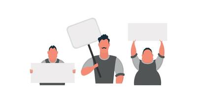 Group of Guys with blank banner isolated on white background. Flat style. Vector illustration.