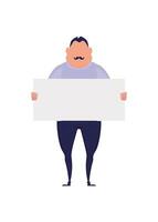 A man with a blank banner in his hands isolated on a white background. Pop art cartoon style. Vector illustration.