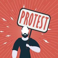 Protest concept. A man with an empty banner in his hands. Red square poster. Rally or protest concept. Cartoon style. vector