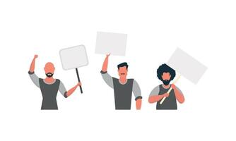 Protesting men with a banner. Isolated on white background. Vector illustration.