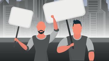 A group of men with a banner in their hands against the backdrop of the city. Protest concept. Vector illustration. Cartoon style.