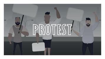 Protest banner. A crowd of guys with banners in their hands came out to protest. Prosky style. Vector