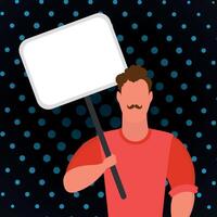 A guy with an empty banner in his hands and a place for your text. Pop art. Flat style. Vector illustration.